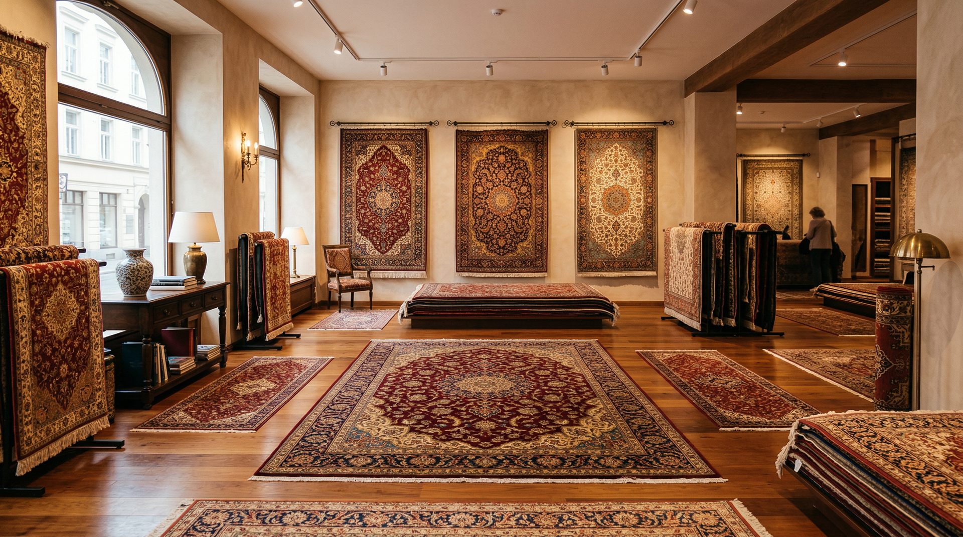 Beautiful collection of handmade oriental rugs displayed in a warm, elegantly lit showroom