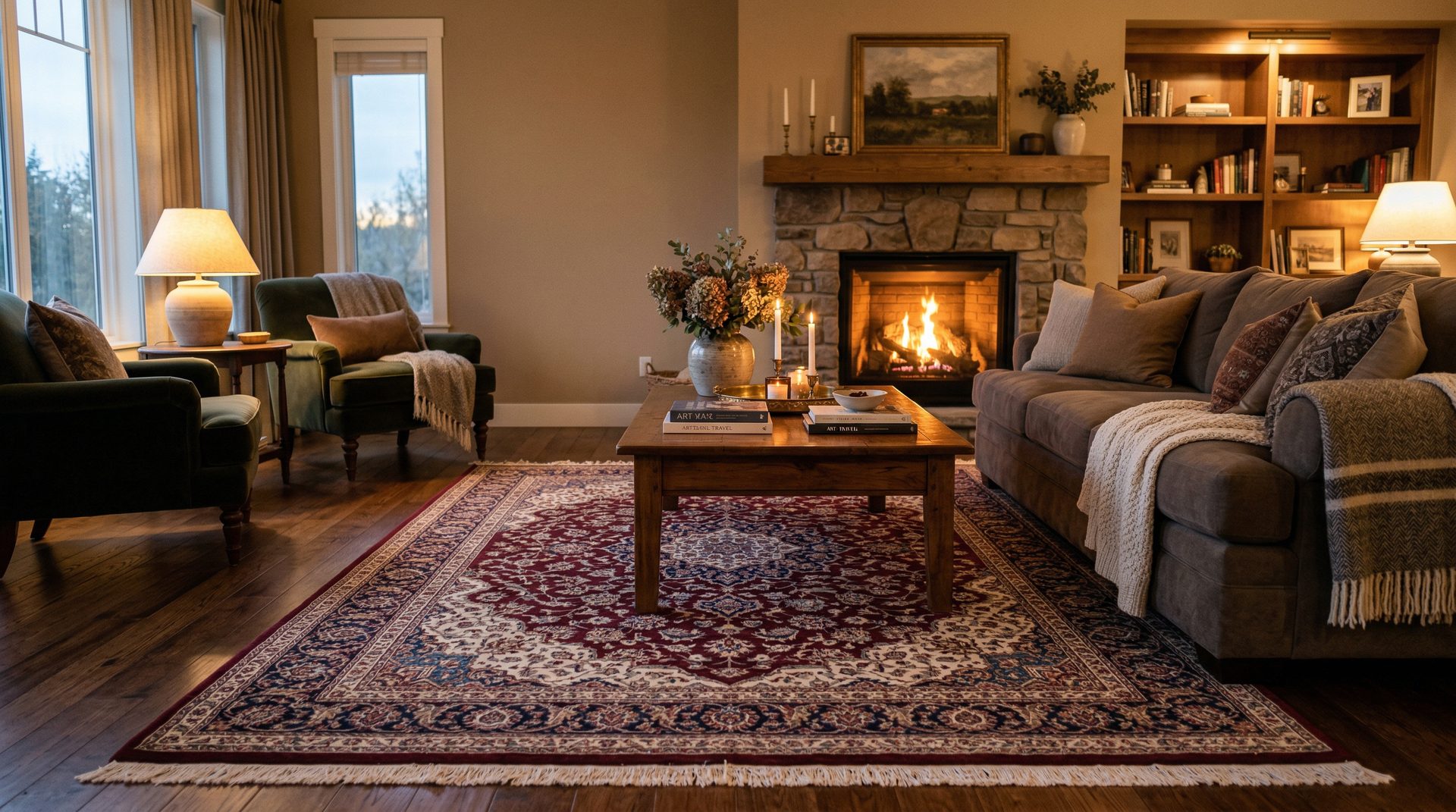 An elegant living room featuring a large Persian rug as the centerpiece, complemented by warm lighting and comfortable furnishings