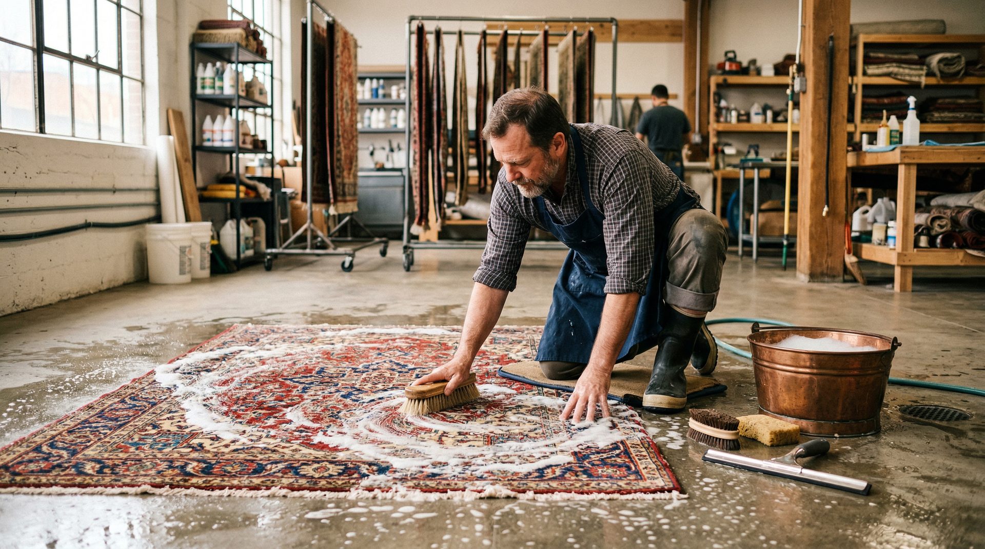 Professional rug cleaning process being performed on an oriental rug